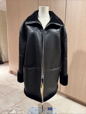 Rebecca Minkoff Black Shearling Trim Leather Coat